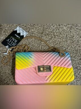 Pastel Gradient Quilted Shoulder Bag with Gold Chain - Pink Yellow Blue